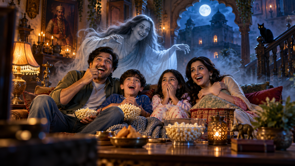 Bollywood horror comedy movies for family with a family enjoying a funny ghost movie night