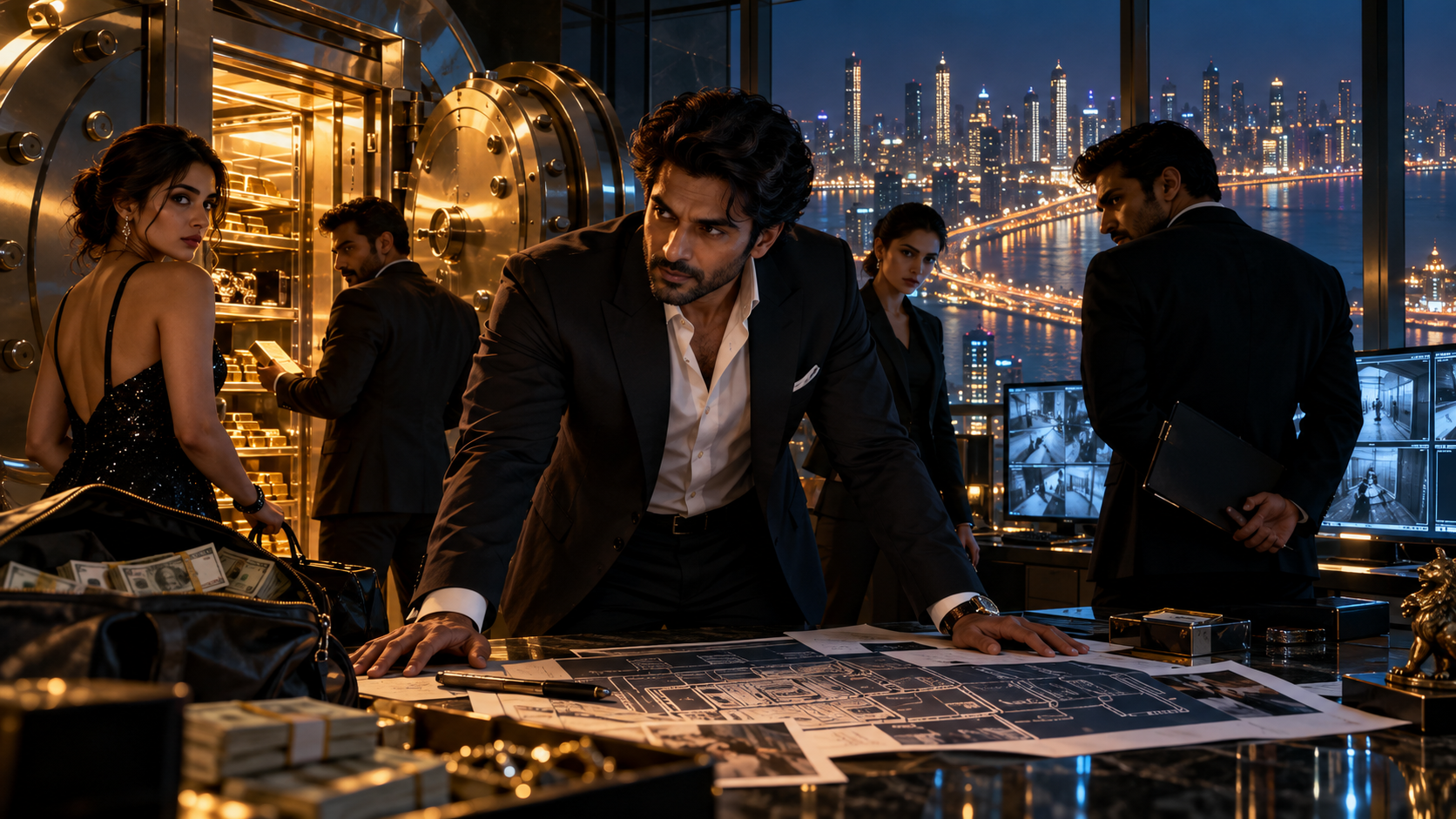 Bollywood heist movies with unexpected endings featuring a stylish robbery team, vault, cash, and suspenseful crime setting