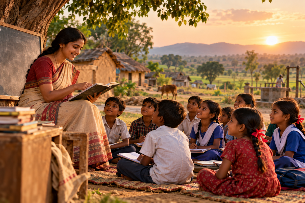 Bollywood movies about village education showing a rural teacher teaching children outdoors