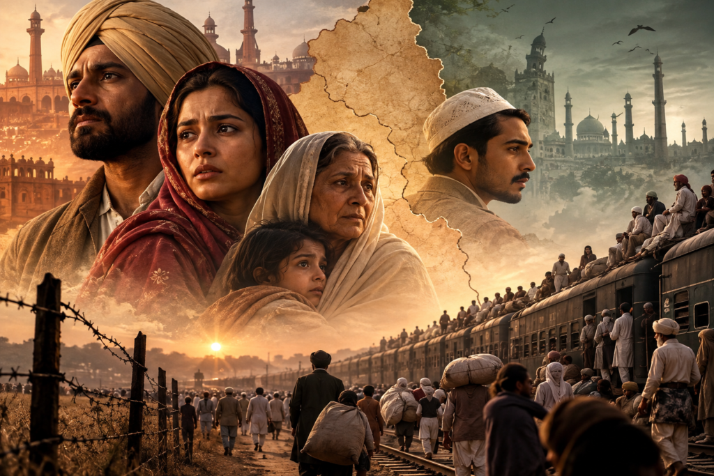 Bollywood movies set during Partition showing families, refugees, and a train during the 1947 India Partition