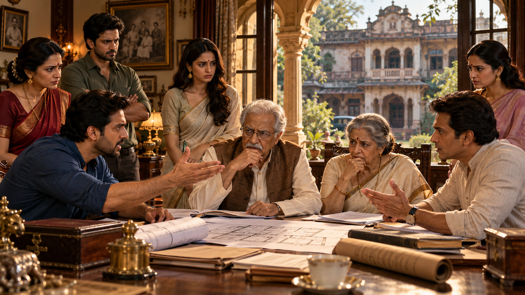 Hindi movies about joint family property disputes showing a family discussing ancestral property