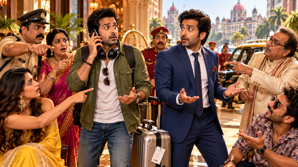 Hindi movies about mistaken identity comedy with confused lookalike characters in a Bollywood-style scene