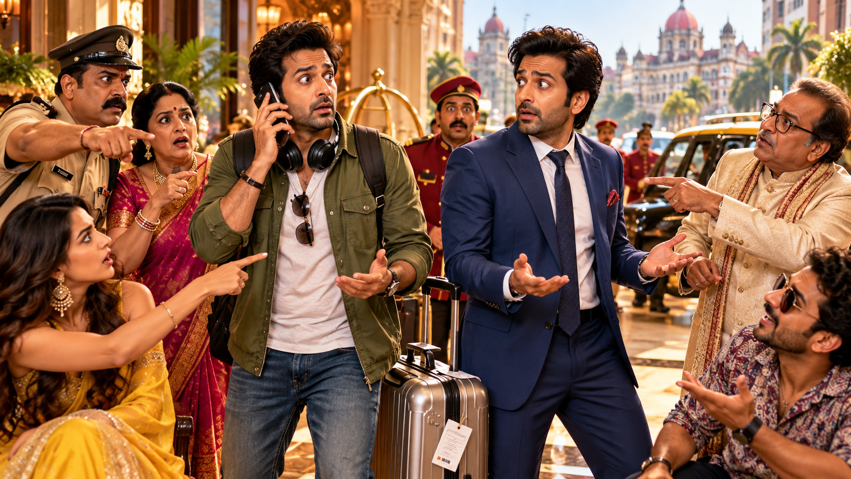 Hindi movies about mistaken identity comedy with confused lookalike characters in a Bollywood-style scene