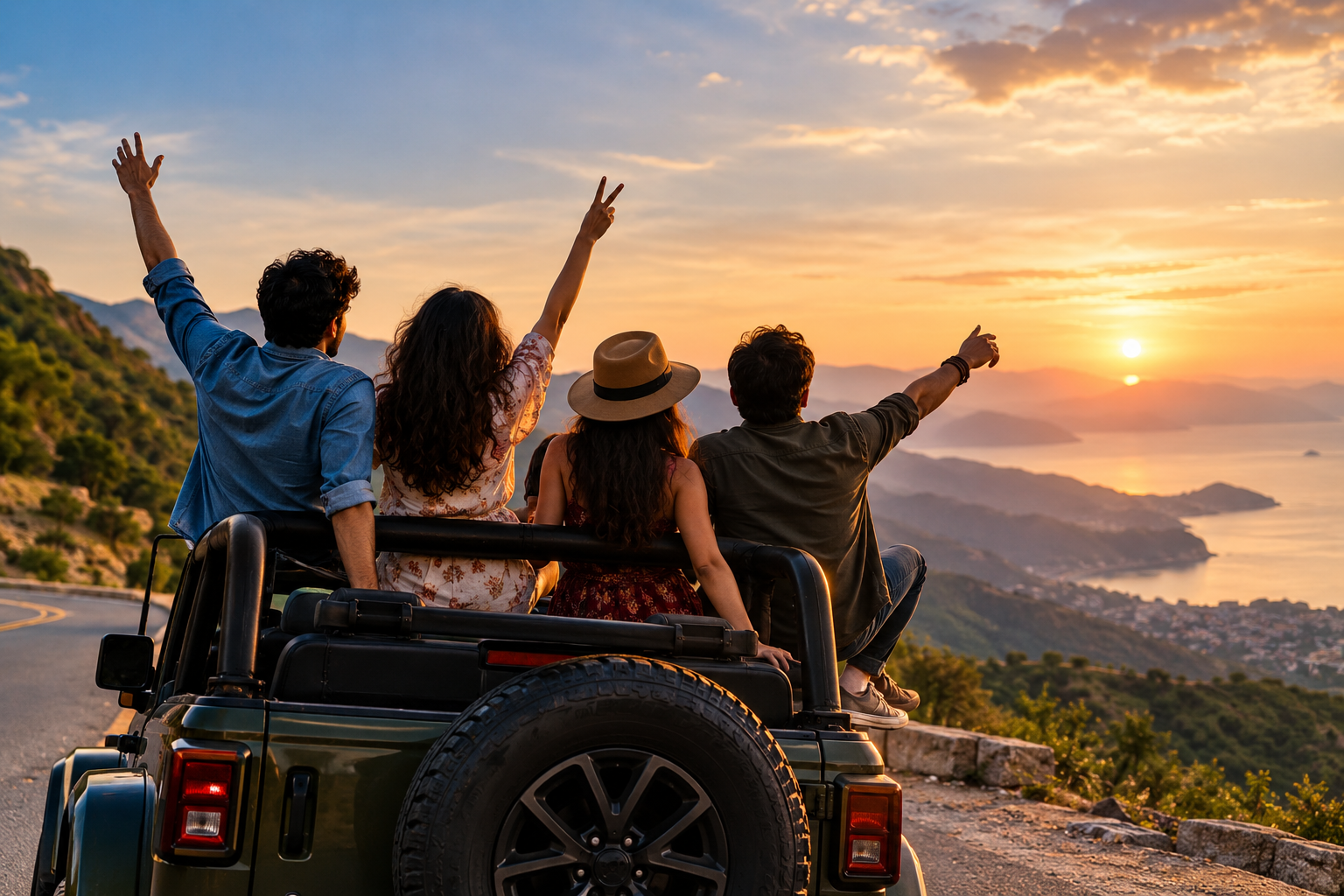 Friends enjoying a scenic road trip together at sunset, inspired by Hindi road trip movies about friendship.