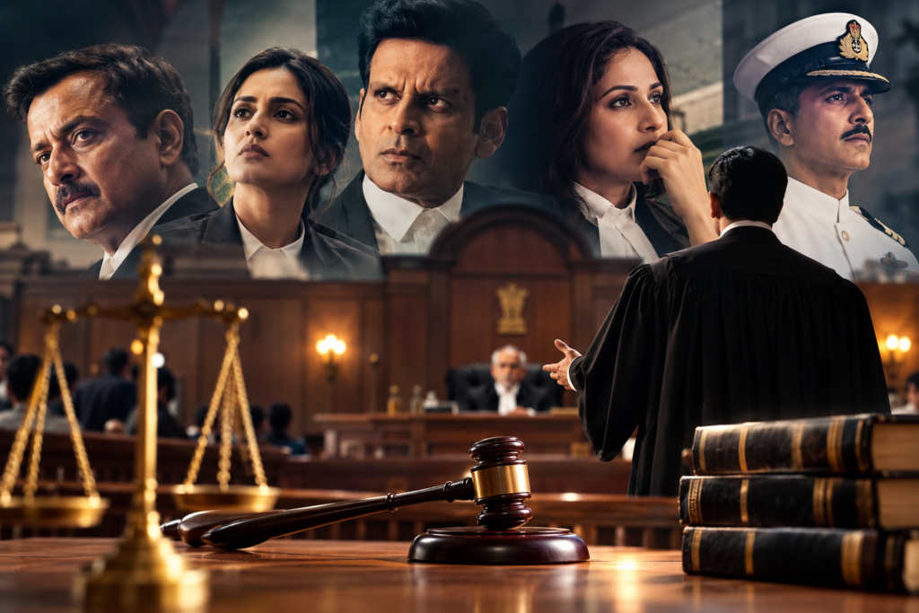 Hindi courtroom movies based on real cases with lawyers, judge, gavel and courtroom scene